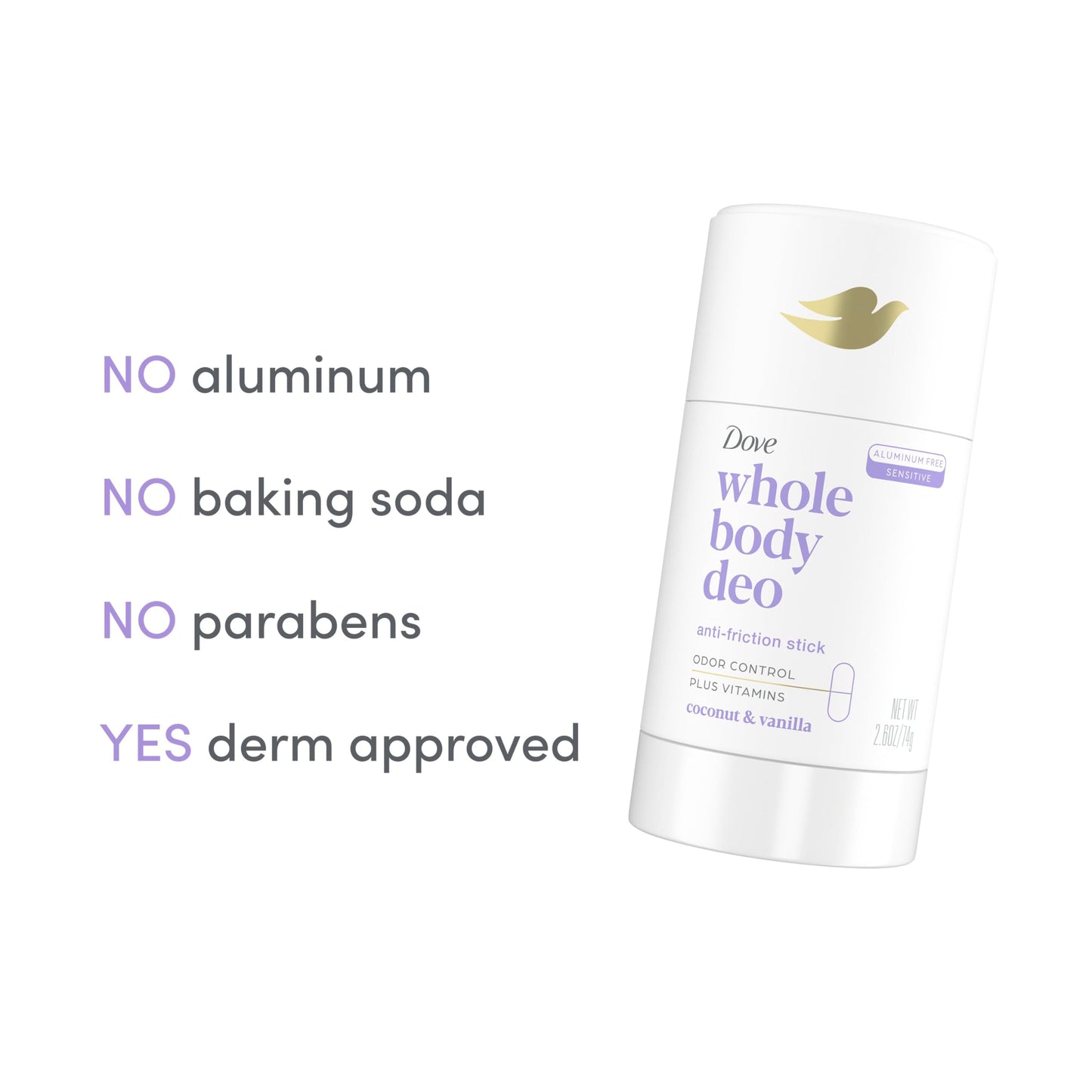 Dove Whole Body Deo Aluminum Free Anti-Friction Deodorant Stick Coconut + Vanilla for All Day Odor Control 2.6 oz Beauty and Personal Care Dove