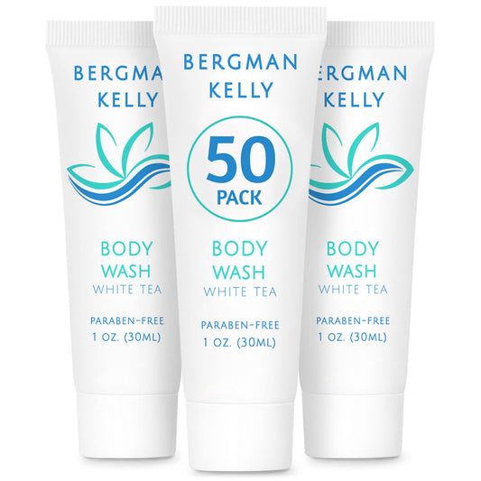 BERGMAN KELLY Travel Size Body Wash (1 fl oz, 50 PK, White Tea), Delight Your Guests with a Revitalizing and Refreshing Hotel Body Wash, Quality Mini Beauty & Personal Care BERGMAN KELLY