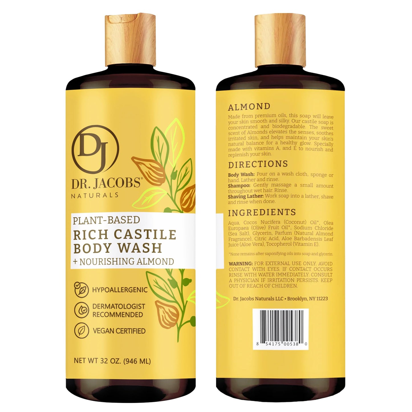 Dr. Jacobs Naturals Castile Almond All-Natural Body Wash for Moisturizing Dry and Sensitive Skin with Plant-Based Ingredients with Pump - 32 Ounce Beauty & Personal Care DR.JACOBS NATURALS
