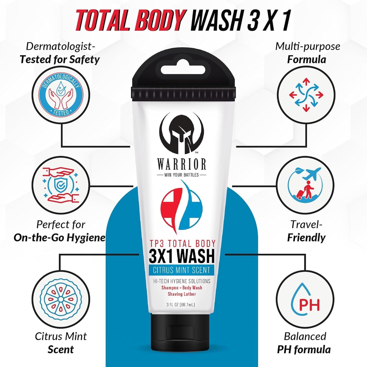 WARRIOR - WIN YOUR BATTLES- 3 in 1 Body Wash For Men & Women, Travel Size Body Wash, Shampoo, Shaving Lather with Citrus Mint Scent Liquid Soap Body Beauty & Personal Care WARRIOR -WIN YOUR BATTLES-