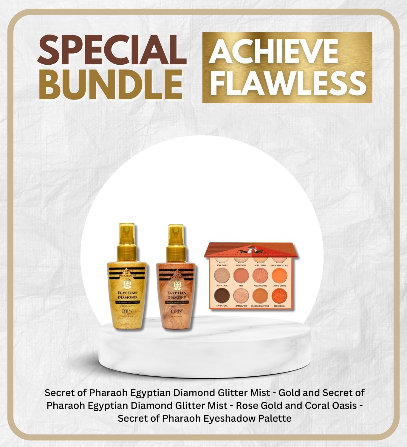 Secret of Pharaoh Egyptian Diamond Glitter Mist Gold 70ml and Rose Gold 70ml Bundle with Coral Oasis Eyeshadow Palette by EBIN NEW YORK - Shimmer Body Beauty & Personal Care EBIN NEW YORK