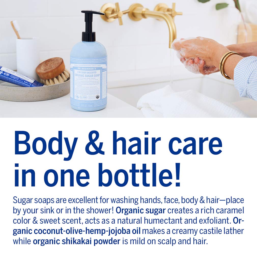 Dr. Bronner's Organic Sugar Soap (Baby Unscented, 12 Ounce) - Made with Regenerative Certified Organic Oils, Sugar & Shikakai Powder, 4-in-1 Use Beauty & Personal Care Dr. Bronner's