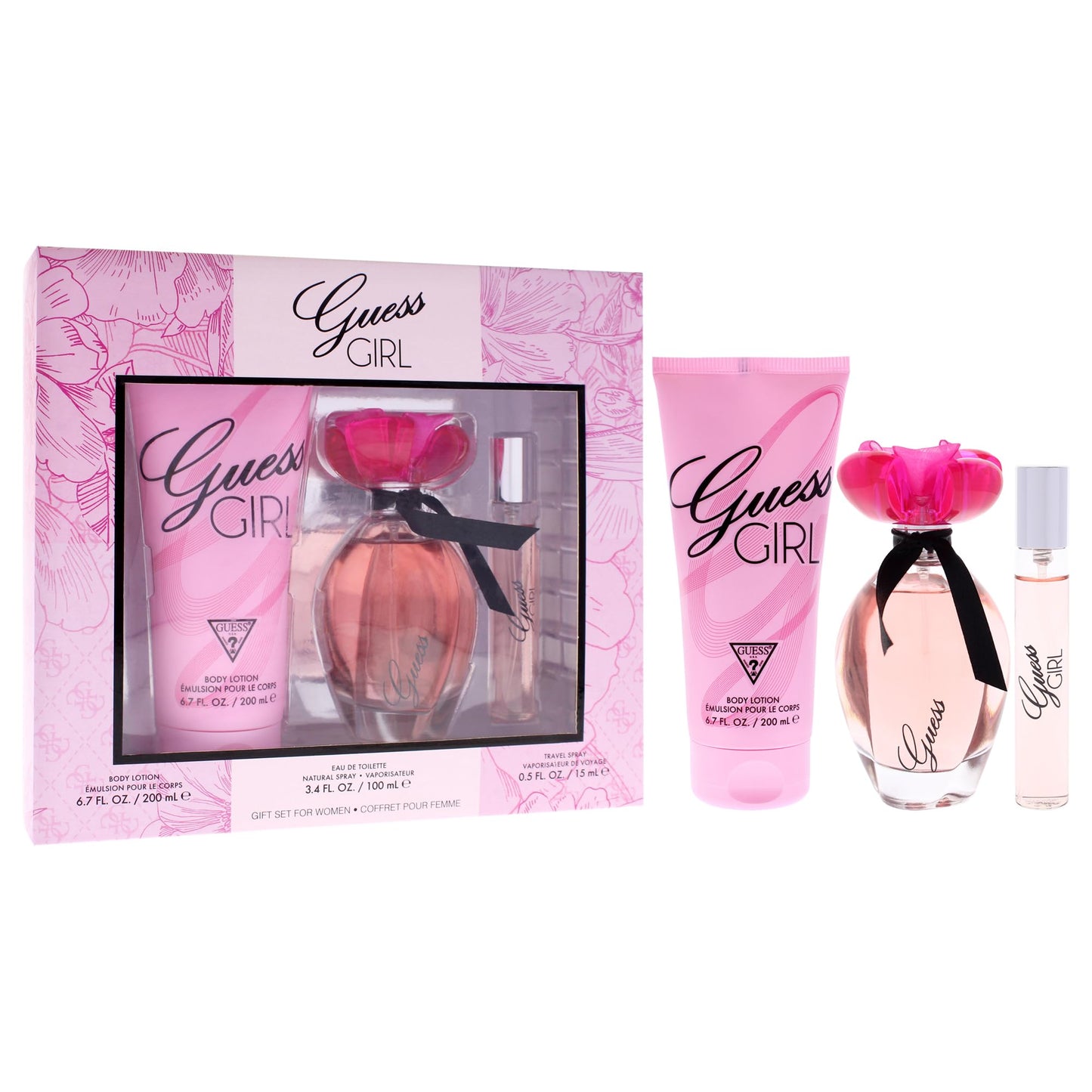 GUESS Girl Eau de Toilette 3 Piece Gift Set - Perfume Spray 3.4 Fl. Oz., Travel Spray 0.5 Fl. Oz., & Body Lotion 6.7 Fl. Oz Beauty & Personal Care GUESS