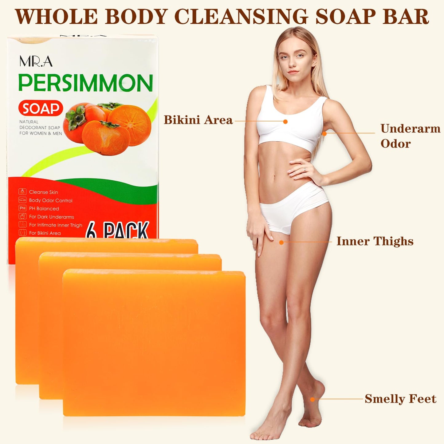 MR.A 6Pack Persimmon Soap Bar for Body Odor, Japanese Persimmon Soap Eliminates Aging Odor, Deodorizing and Purifying, Natural Body Odor Wash, Gentle Beauty & Personal Care MR.A