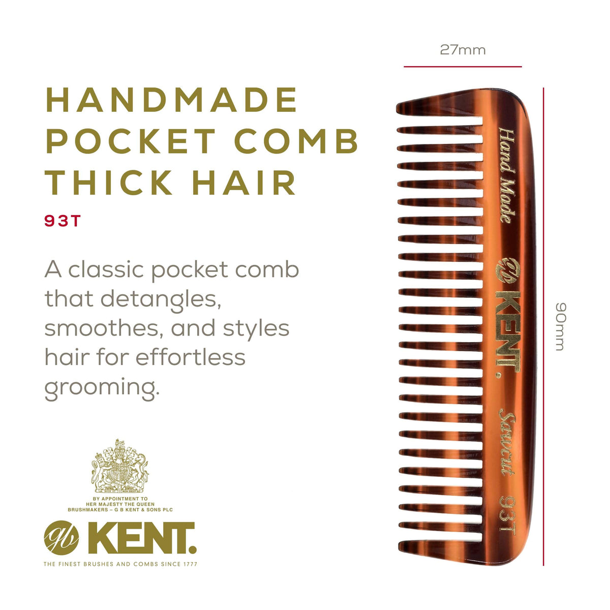 Kent 93T Tortoiseshell Beard Comb for Men - Wide Tooth Men's Comb, Ideal For Mustaches and Beards and Facial Hair, Small Pocket Sized Travel Detangler