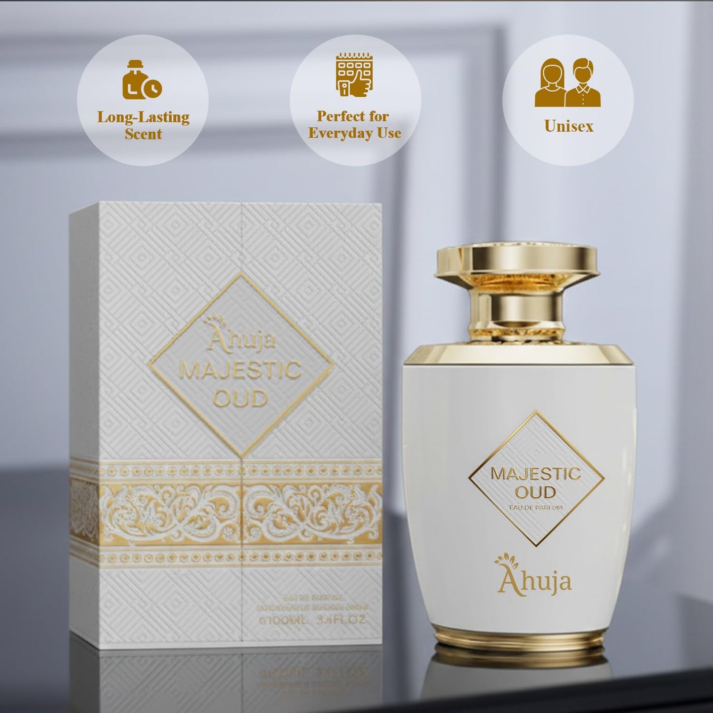 AHUJA Majestic Oud Eau De Parfum 3.4 fl oz - Unisex Perfume for Men & Women, Long Lasting Luxury Fragrance with Oud, Vanilla, Raspberry, Rose, Peony Beauty & Personal Care AHUJA
