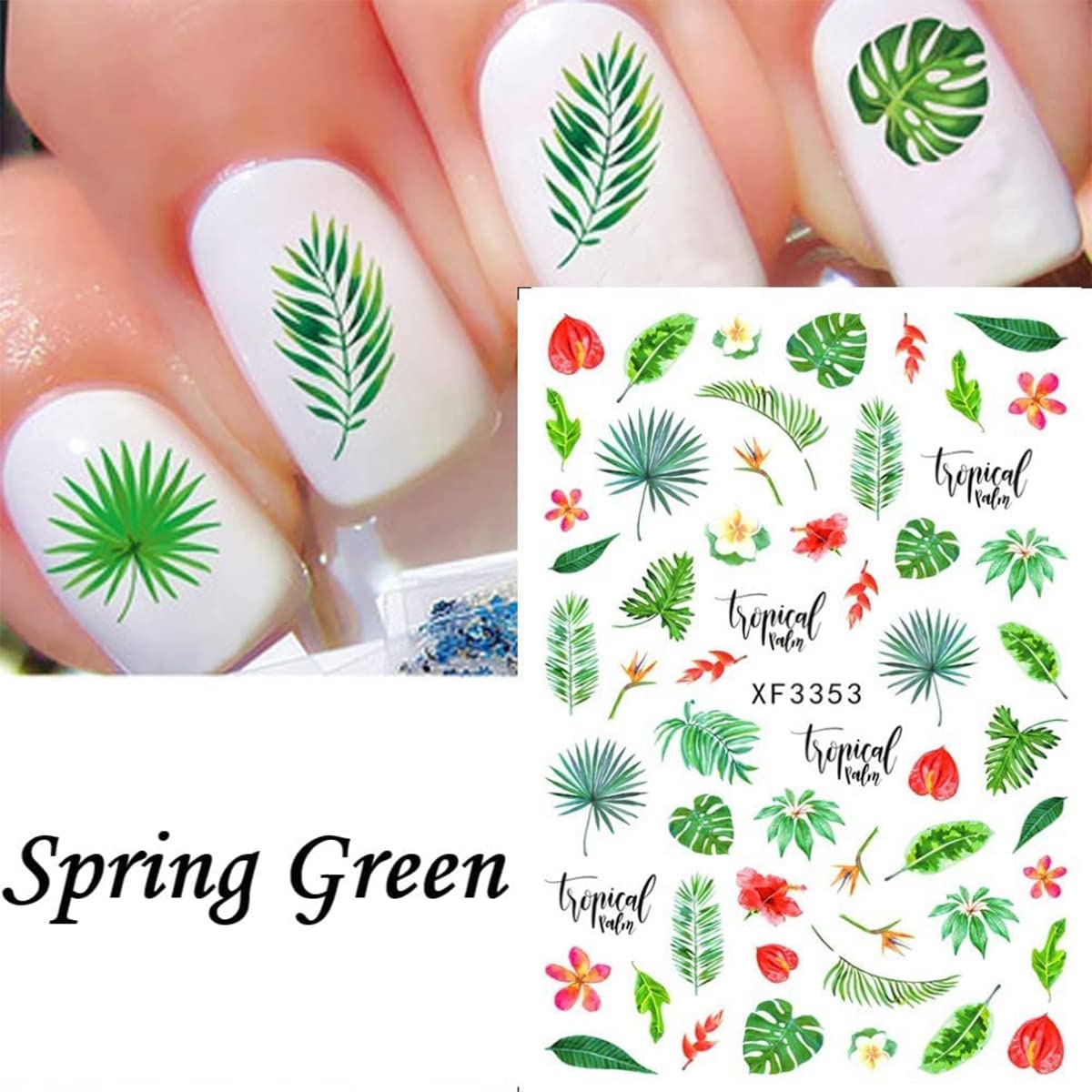 12 Sheets Summer Leaf Nail Art Stickers 3D Self-Adhesive Nail Decals Nail Art Supplies Palm Leaves Clover Nail Design for Women Manicure Nail Beauty & Personal Care ONEUPIN