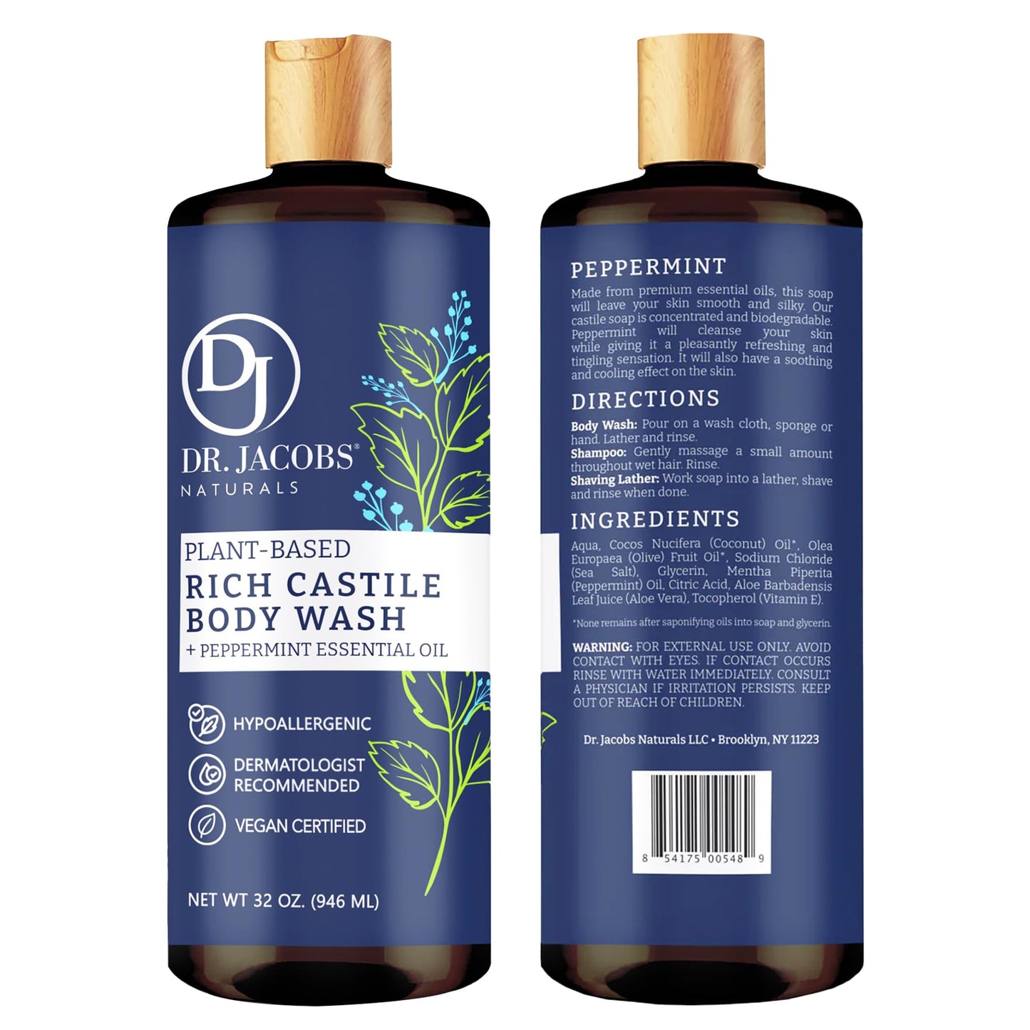 Dr. Jacobs Naturals Castile Peppermint All-Natural Body Wash for Moisturizing Dry and Sensitive Skin with Plant-Based Ingredients with Pump - 32 Ounce Beauty & Personal Care DR.JACOBS NATURALS