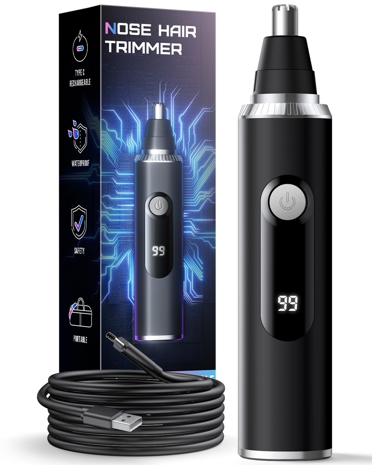 SAVILAB Nose Hair Trimmer for Men and Women, USB Rechargeable Electric Facial and Ear Hair Remover with LED Display, Dual-Edge Blades for Smooth Beauty and Personal Care SAVILAB