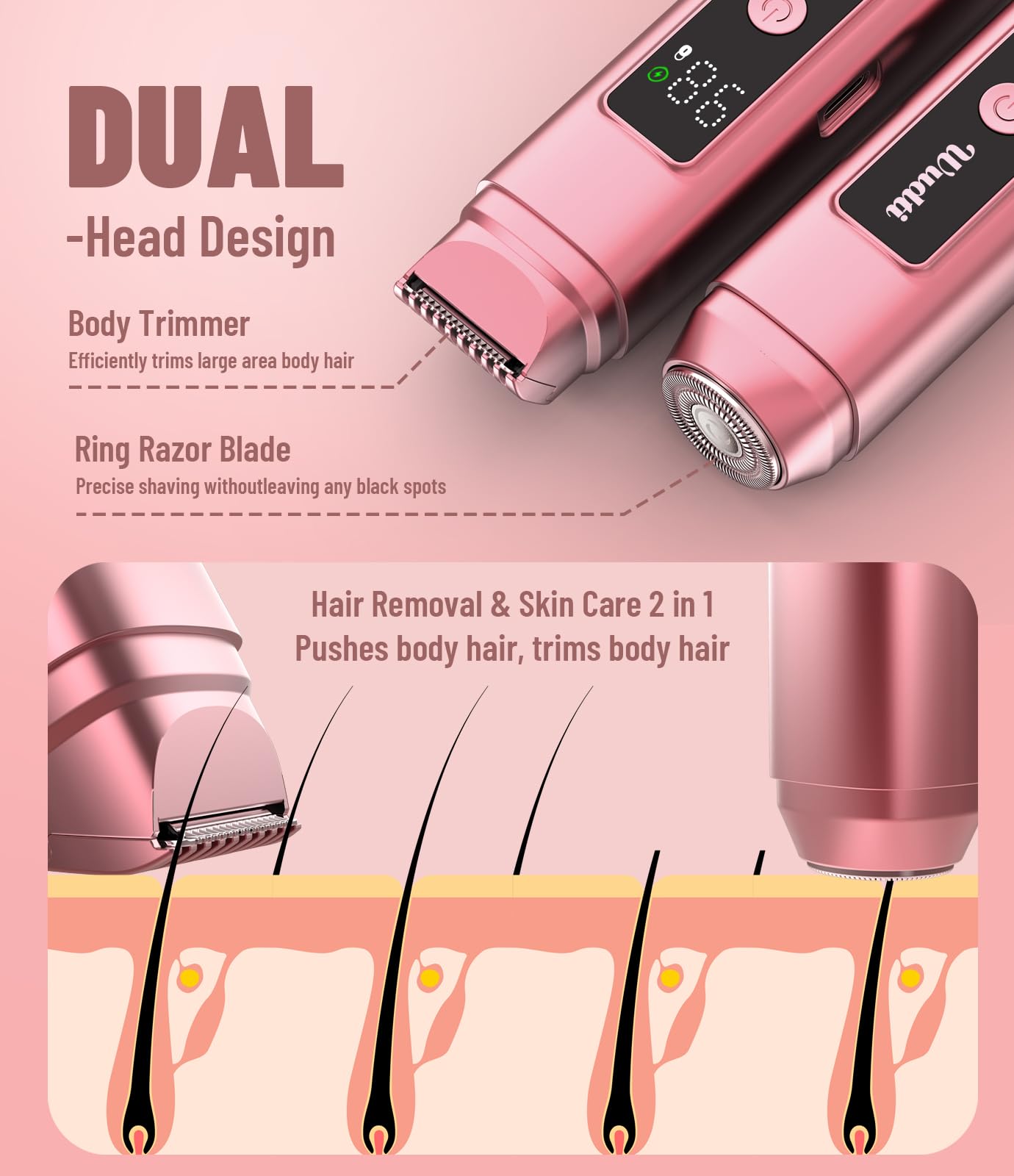 Dual Head Electric Bikini Trimmer for Women: IPX7 Waterproof Lady Shaver with LED Display - Rechargeable Pubic & Body Hair Razor - Rococo Pink Beauty and Personal Care Dynooper
