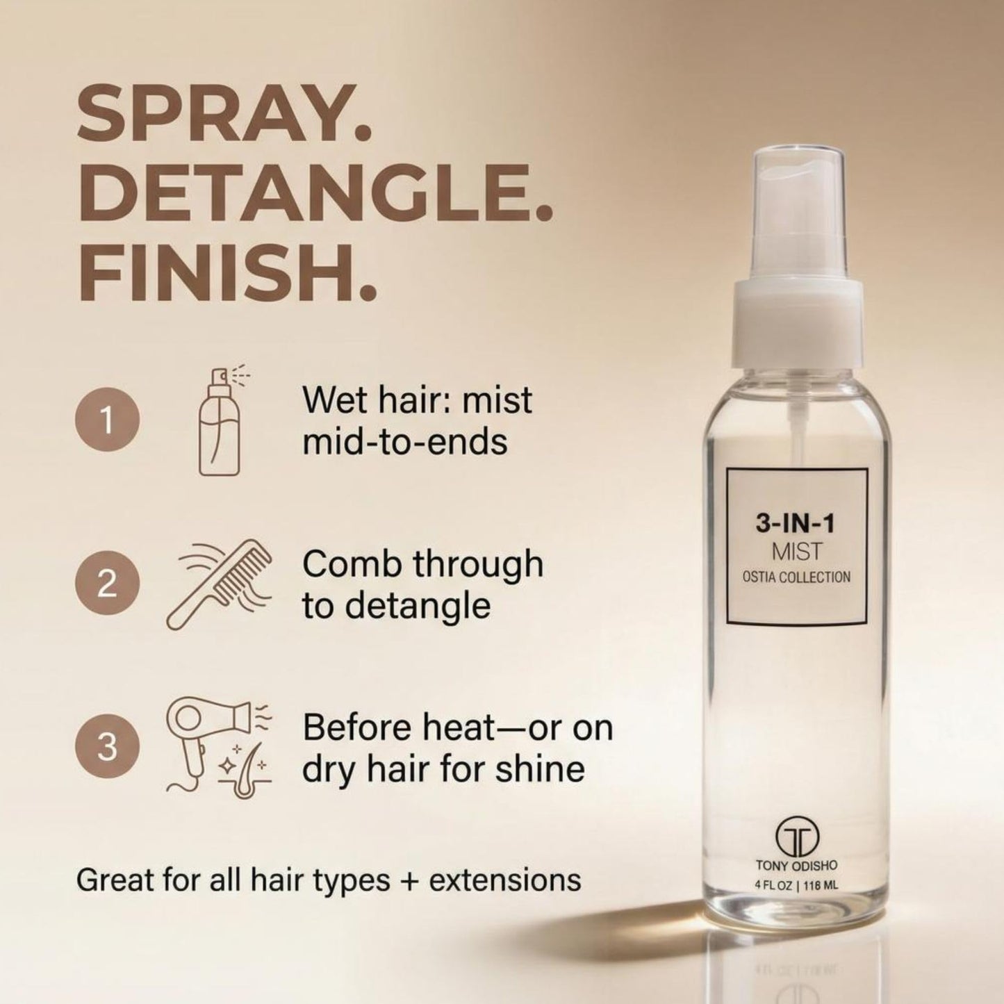 Tony Odisho 3-in-1 Detangling Hair Mist Spray - Great for All Hair Types and Extensions - Detangles, Adds Shine & Protects Against Heat - Use as Beauty & Personal Care Tony Odisho