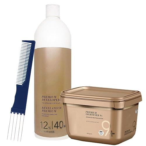 BlondeMe Lightener 9+ Premium Bleach 450 grams, Blonde Me Developer 12% / 40Vol 1 Liter with Dual Purpose Comb Beauty & Personal Care M Hair Designs