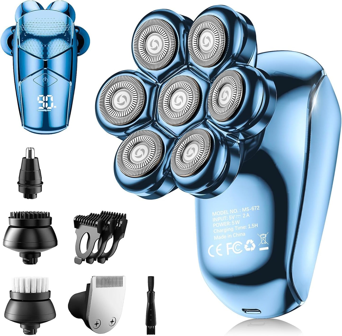 Detachable Head Shavers, SHPAVVER 5 in 1 Electric Razor IPX7 Waterproof for Bald Men, Wet Dry LED Display Rechargeable 7D Rotary Shaver Grooming Kit Beauty and Personal Care SHPAVVER Default Title