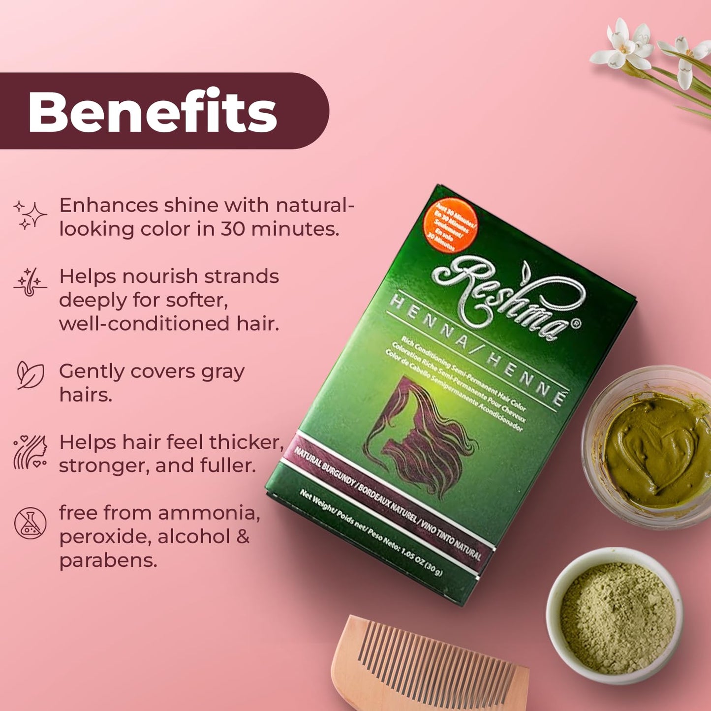 Reshma Beauty 30 Minute Henna Hair Color Infused with Plant-Based Lawsonia Inermis 100% Gray Coverage for Soft, Shiny Hair, Hair Dye-1.05 oz Pack of 1 Beauty & Personal Care Reshma Beauty