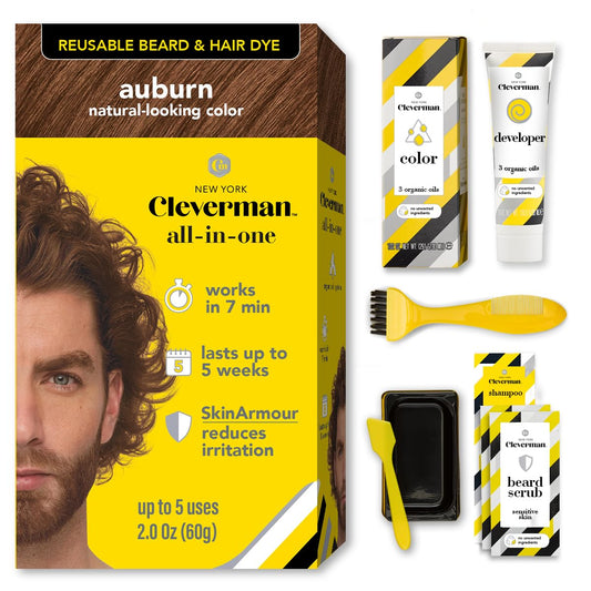 Reusable Hair & Beard Dye for Men - Auburn 7.04 | Up to 5 Uses, 7 Minutes | Natural Gray Coverage, No-Drip Cream with SkinArmour® - Cleverman Beauty & Personal Care CLEVERMAN