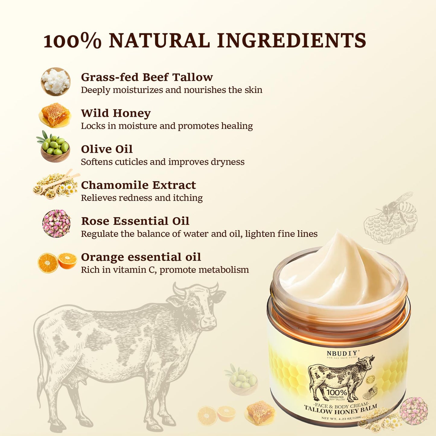 NBUDIY Beef Tallow for Skin, Tallow and Honey Balm, Tallow Face Moisturizer, Grass Fed Beef Tallow for Face - Sensitive Dry Skin Repair, Deeply Beauty & Personal Care NBUDIY
