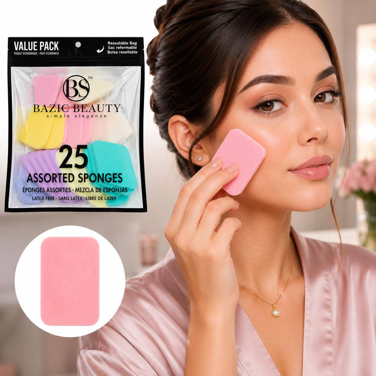Bazic Beauty Assorted Makeup Sponges, Latex Free, Value Pack, Resealable Bag, 25 Count