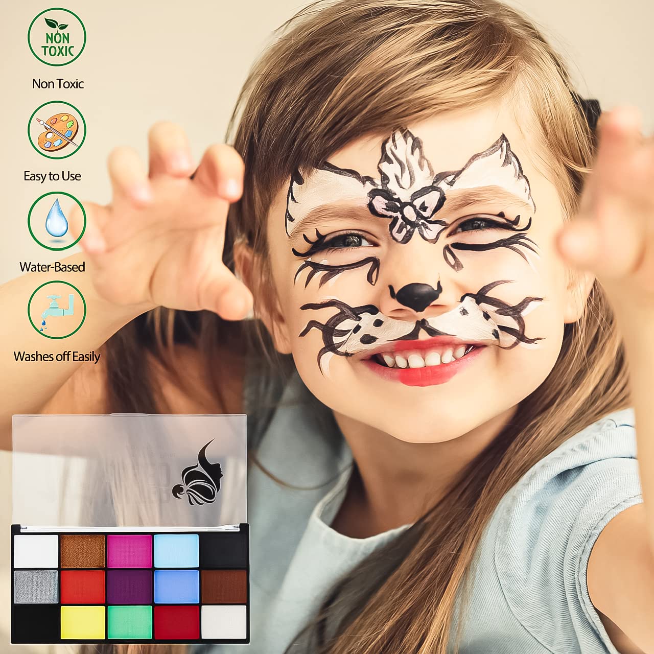 Face Painting Kit for Adults, Water Activated Body Face Paint, 15 Colors Water Based Facepaints Makeup Palette 12 Pcs Brushes, Stencils, Non Toxic Beauty & Personal Care ZENTANMEI