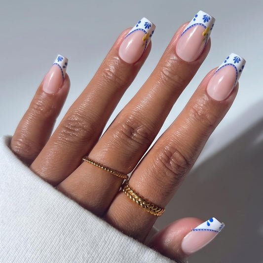 Glamnetic Press On Nails - Medium Coffin Fake Nails with Blue & White French Tips | Salon Quality Vacation Nails | Tuscan Twist | 15 Sizes - 30 Nail Beauty and Personal Care Glamnetic Default Title