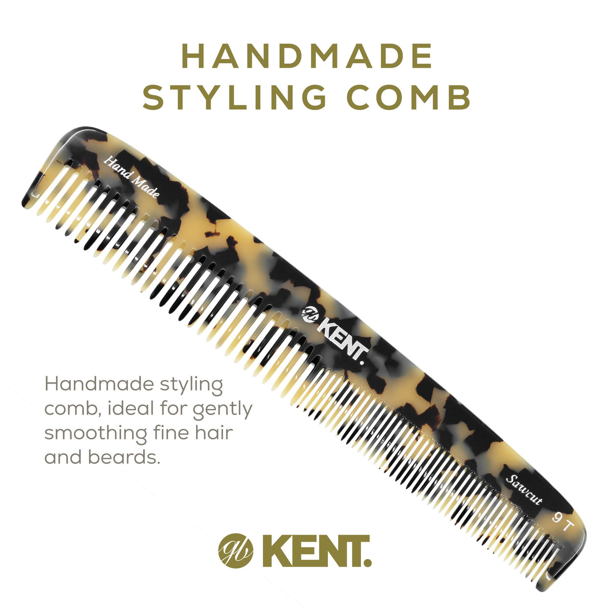 Kent 9T Fine Tooth and Wide Tooth Detangler Comb - Large Handmade Saw-Cut Dressing Comb for Wet Hair and Durable Grooming for Men and Women - Made in