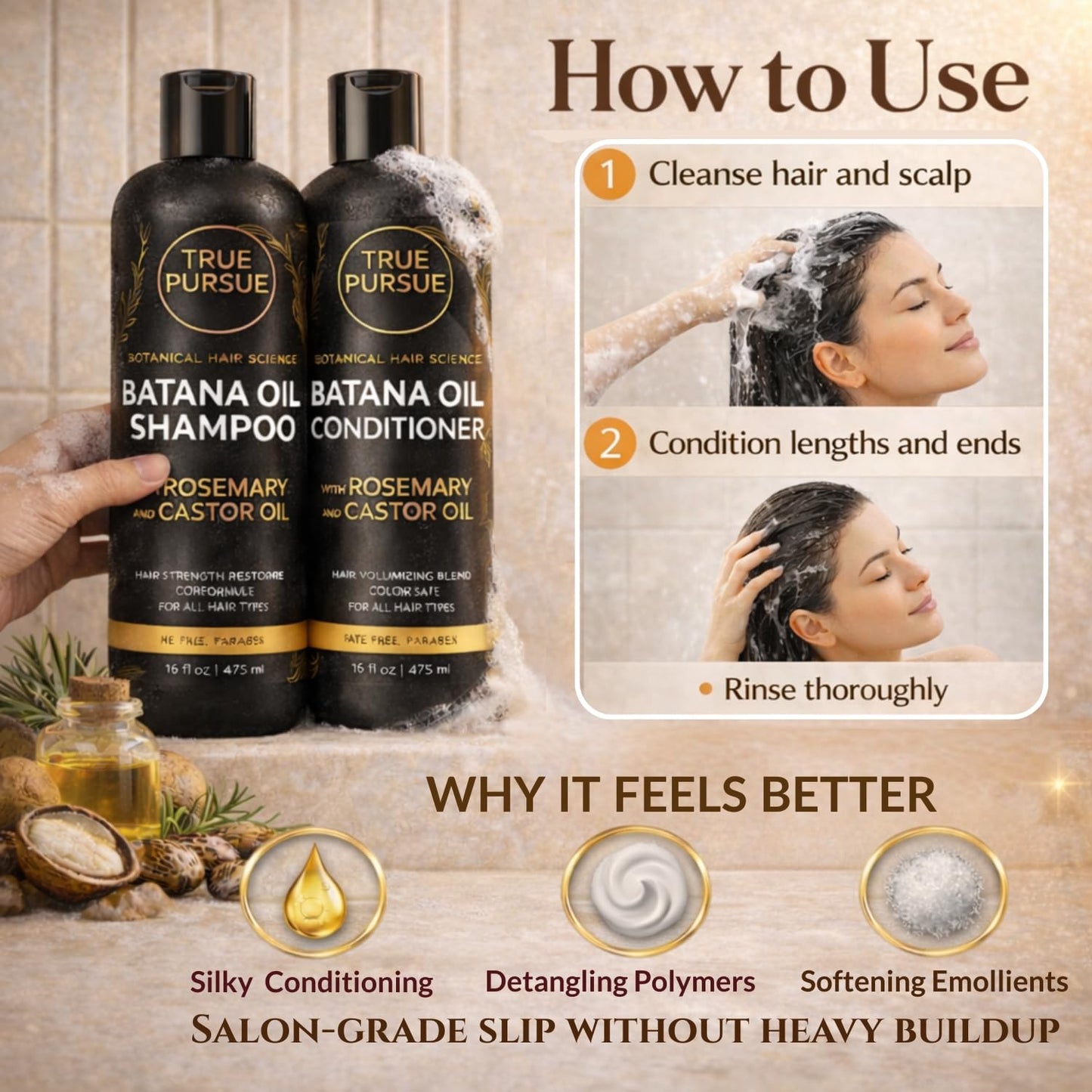 Batana Oil Shampoo and Conditioner Set for Men & Women with Rosemary & Castor Oil - Hair Growth Shampoo & Sulfate-Free Hair Strengthening for Dry Beauty & Personal Care TRUÉ PURSUÉ