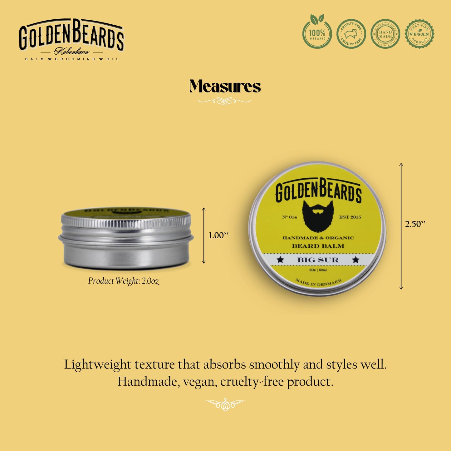 Golden Beards Organic Beard Balm Big Sur - Shea, Cocoa & Argan Butter Blend with Lime & Patchouli Scent - 60ml Vegan Beard Softener & Styling Balm Beauty and Personal Care Golden Beards Kobenhavn BALM GROOMING OIL