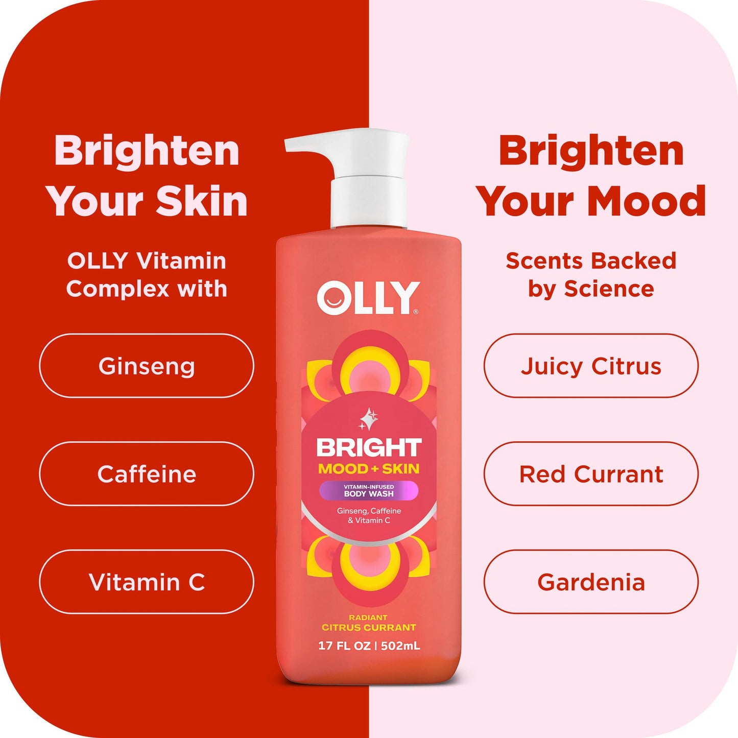 OLLY Bright Body Wash with Ginseng, Caffeine & Vitamin C- Nourishing Cleanser for Skin Barrier Repair, Deep Hydration, Citrus Currant Scent, 17 oz Beauty & Personal Care OLLY