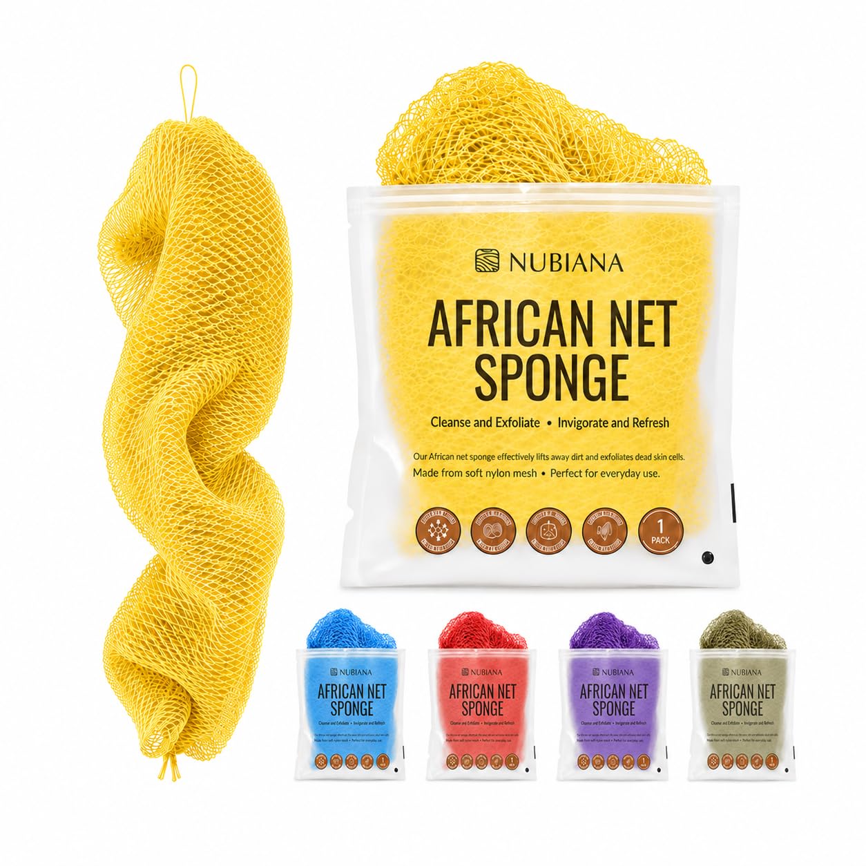 Nubiana African Net Sponge Authentic with Knots, 45 Inch Handwoven Nigerian Exfoliating Body Sponge with Handles, Quick-Drying Nylon Mesh Body Beauty and Personal Care Nubiana