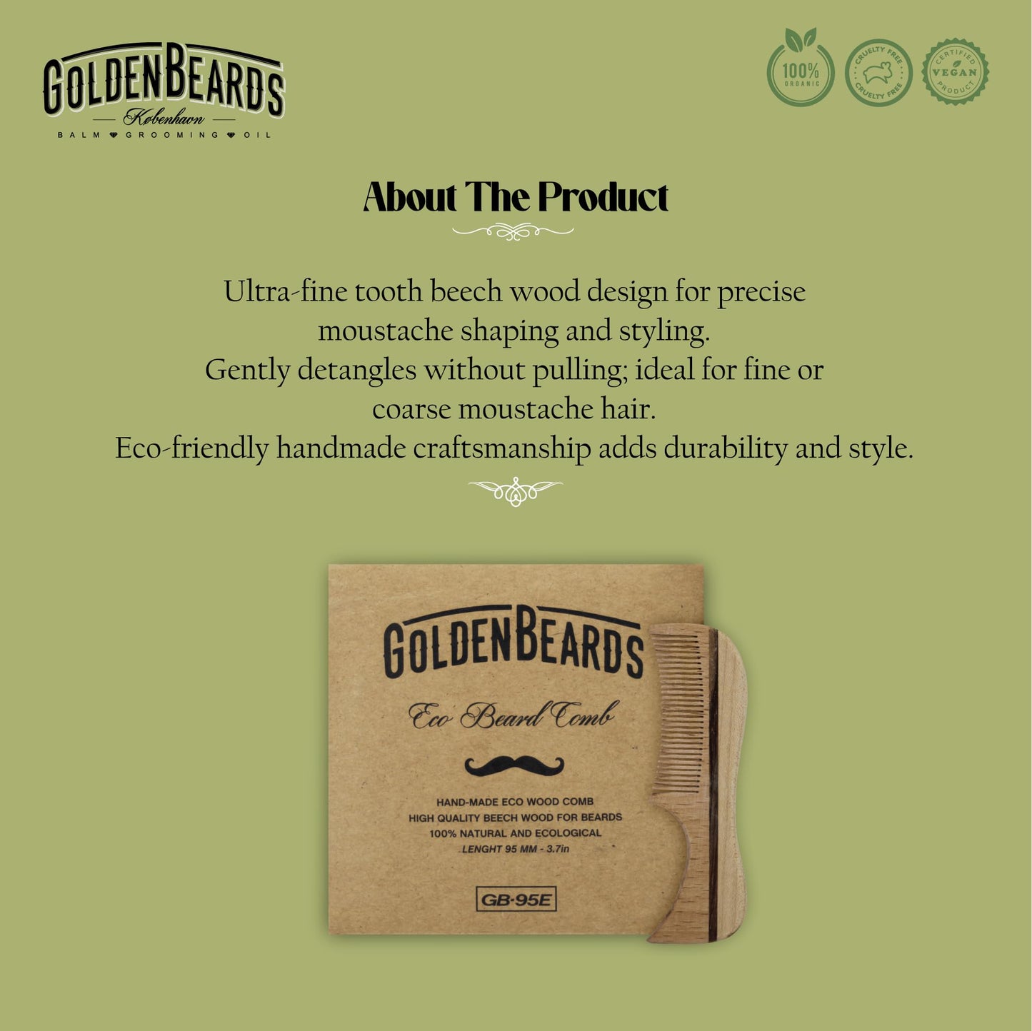 Eco Wood Moustache Comb 2.5 in - Fine Tooth Beechwood Comb for Shaping, Styling & Detangling Mustache - Eco-Friendly, Handmade, Static-Free (3.7") Beauty and Personal Care Golden Beards Kobenhavn BALM GROOMING OIL