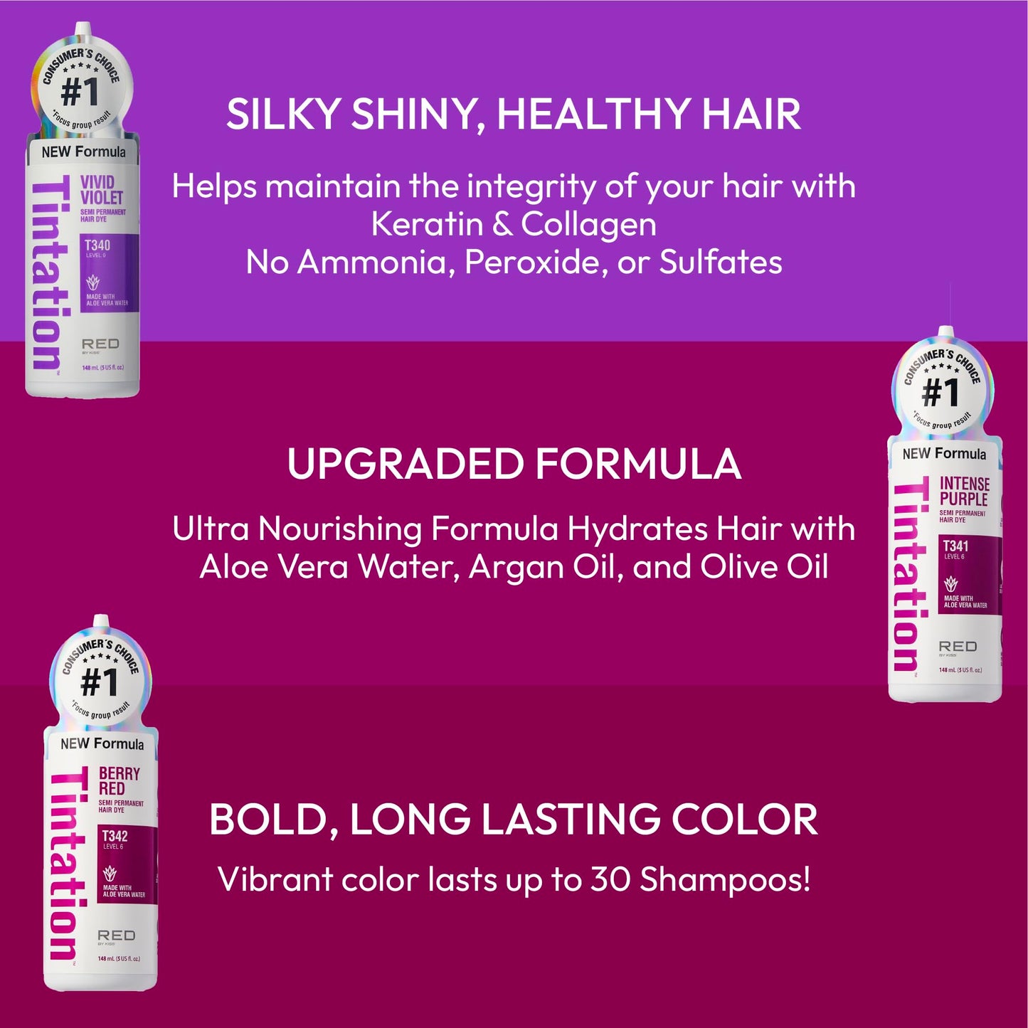 Red by Kiss Tintation Semi-Permanent Hair Color, Aloe Vera Water Based, Argan Oil, Olive Oil, Collagen & Keratin, Long-Lasting Color Dye (Intense Beauty & Personal Care Red By Kiss