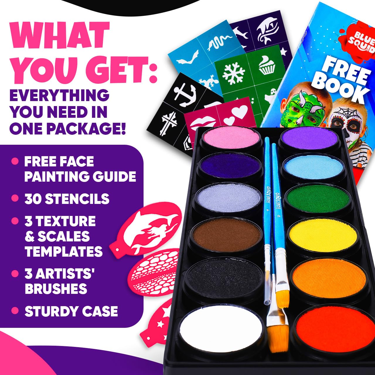 Blue Squid Face Painting Kit for Kids - 120g/4.23oz Face Paint Kit Palette, Stencils, 12 Colors - Safe for Sensitive Skin, Non Toxic Face Painting Kit Beauty & Personal Care Blue Squid