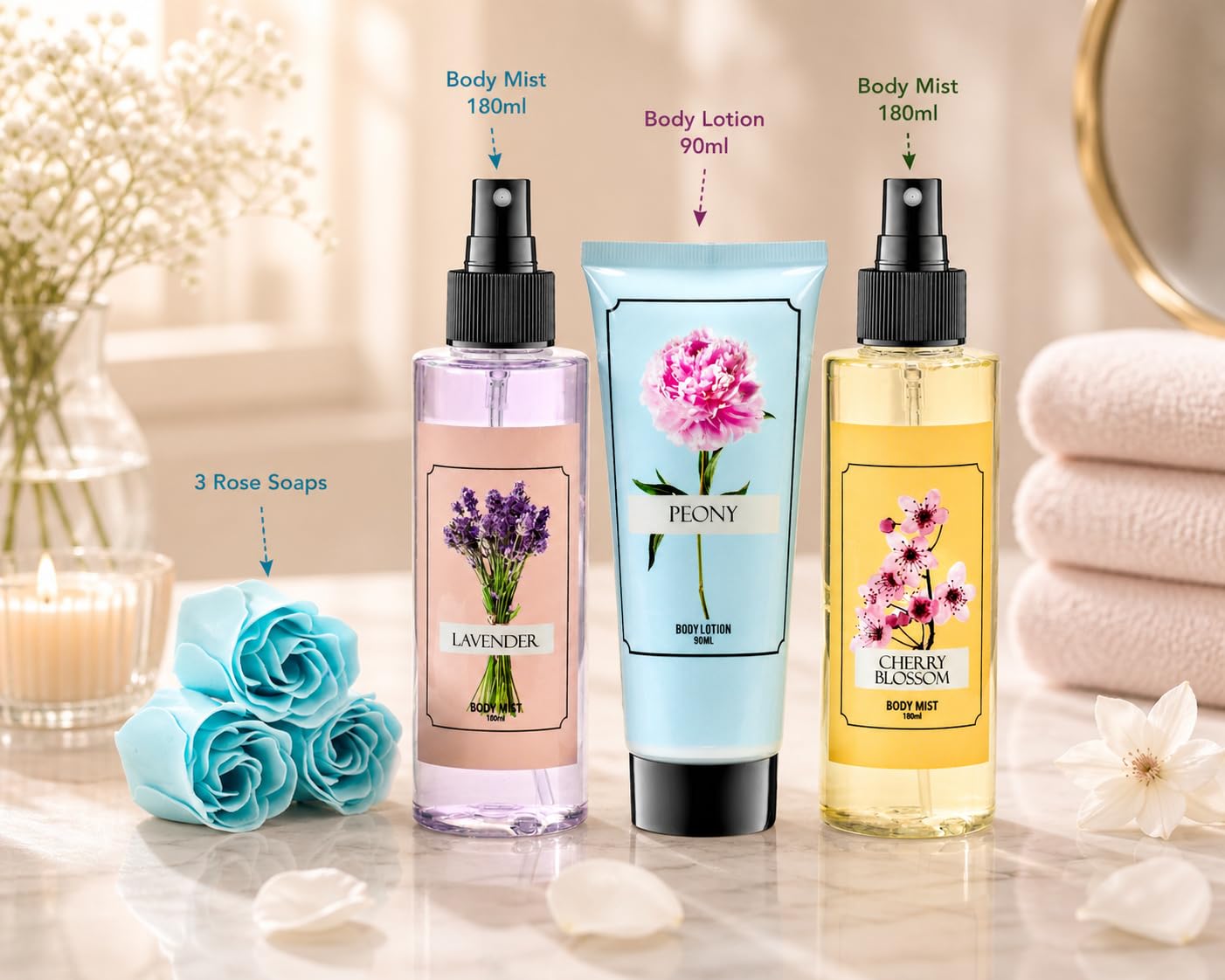 Cherry Blossom Lavender Peony Set - Mother's Day Spa Gift Basket for Mom, Luxury Bath & Body Set, Cherry Blossom, Lavender, Peony Scented Self Care Beauty and Personal Care Freida and Joe