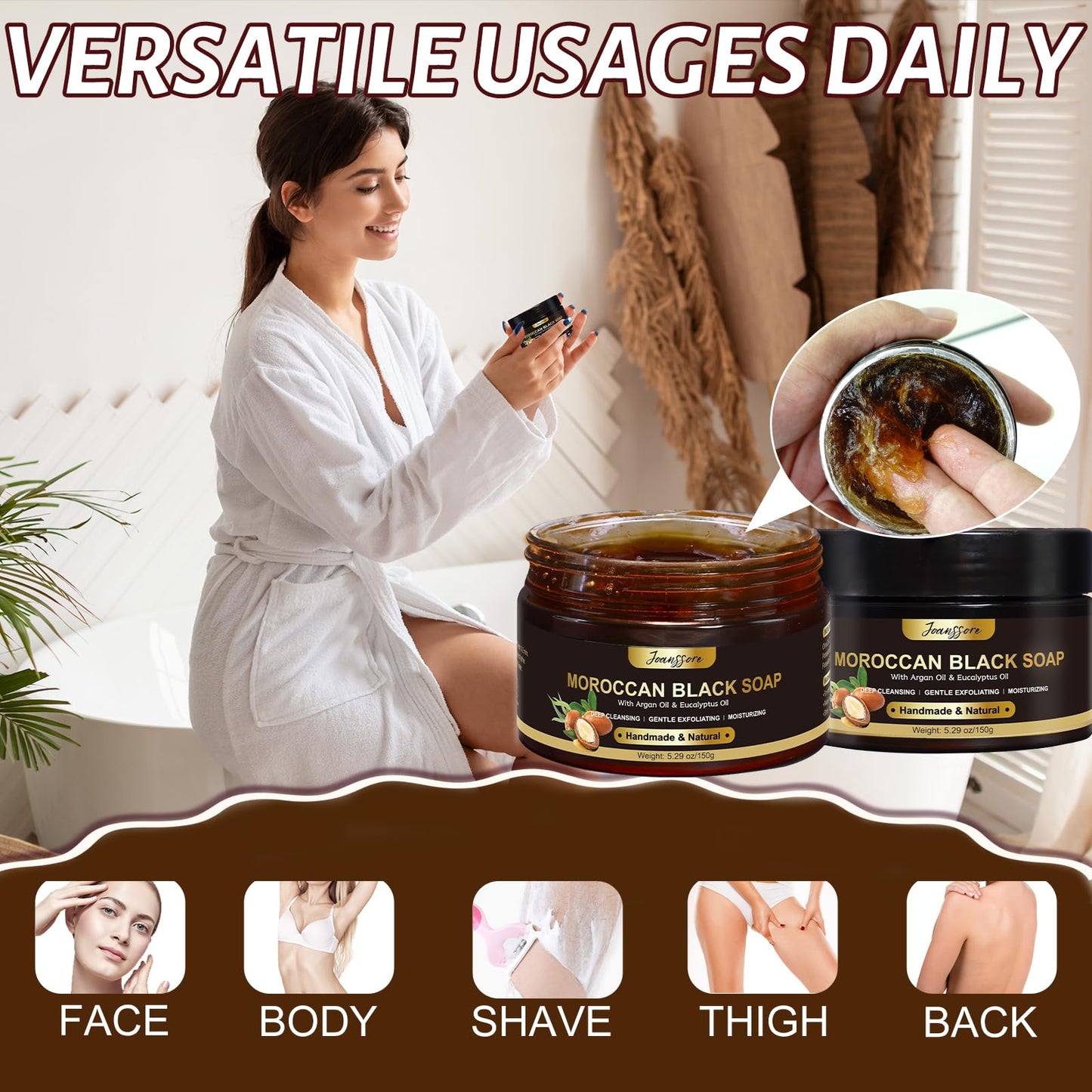 2 Pack Moroccan Black Soap Hammam, Morocco Body Scrub with Exfoliating Glove, Exfoliating Body Cleanser, Argan Oil & Eucalyptus - Deep Cleansing Beauty & Personal Care Joanssore