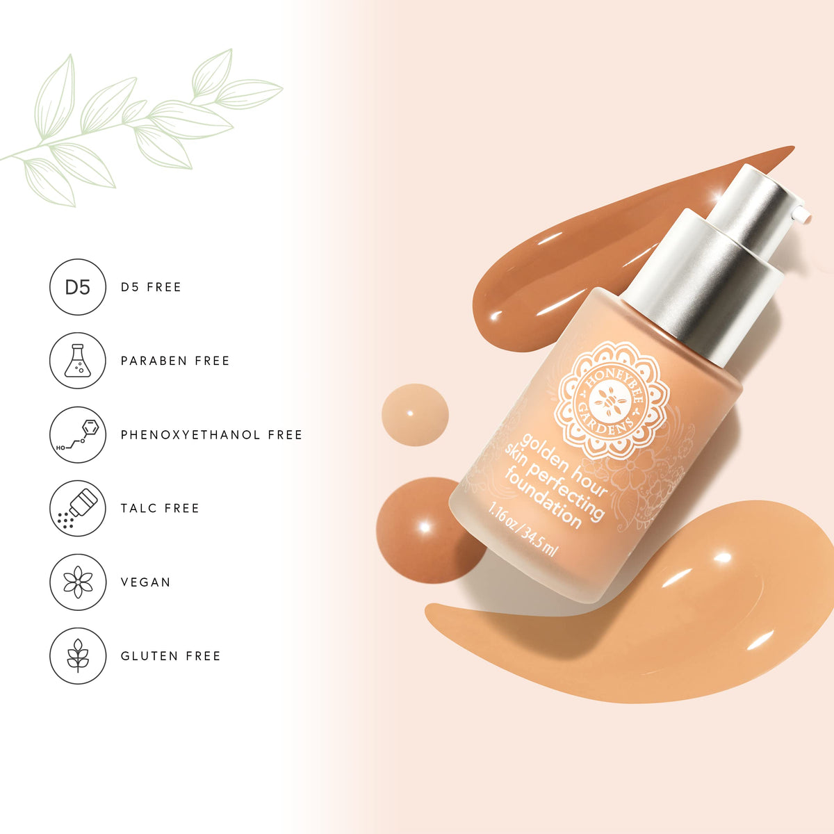 Honeybee Gardens Golden Hour Foundation In Luminous, Lightly Warm Neutral, Skin-Perfecting, Luminous Finish, Vegan, 34.5ml Beauty & Personal Care Honeybee Gardens