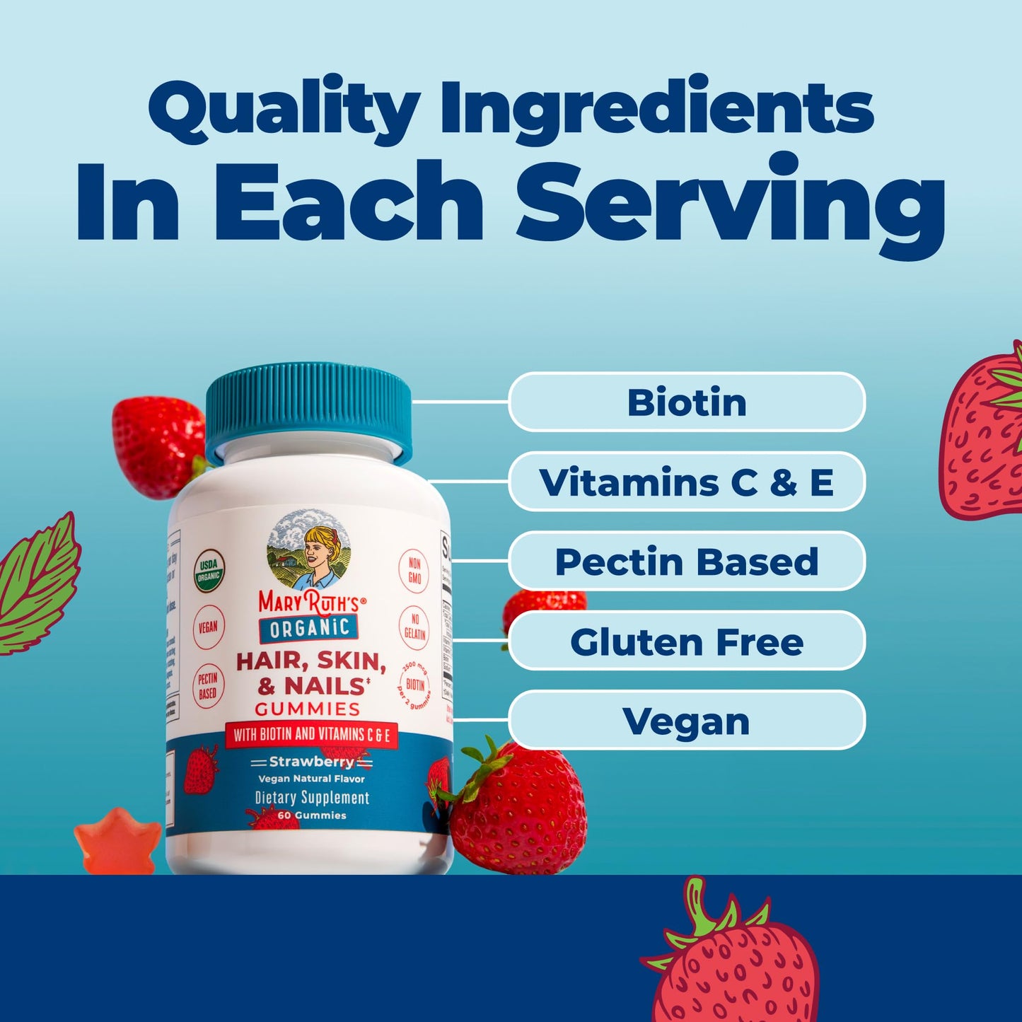 MARYRUTH'S Hair Skin and Nail Vitamins | USDA Organic | 2500 mcg Biotin Gummies with Vitamin C & Vitamin E | Hair Growth Vitamins | Skin Care | Nail Beauty and Personal Care MARYRUTH'S