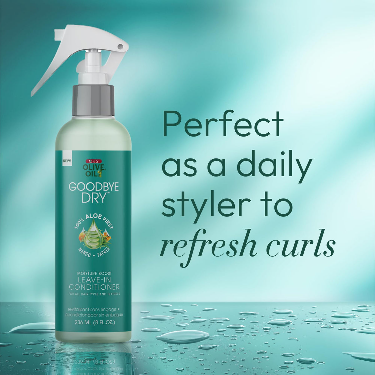 ORS Olive Oil Goodbye Dry Moisture Boost Leave-In Conditioner with Aloe, Mango & Papaya for all Hair Types and Textures 8 Ounces