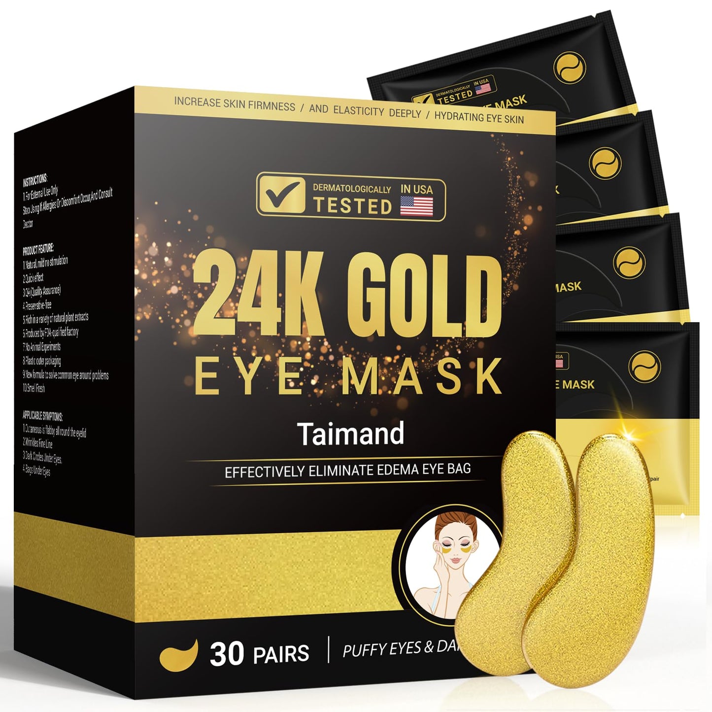 Taimand Under Eye Patches (30 Pairs), 24K Gold Under Eye Mask for Puffy Eyes, Dark Circles,Bags and Wrinkles with Collagen,Relieves Pressure Beauty & Personal Care Taimand