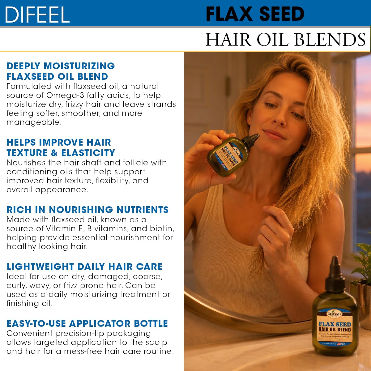 Difeel Flax Seed Hair Oil Blend - Travel Size 2.5 oz. - Strengthening & Moisturizing Hair Oil Treatment