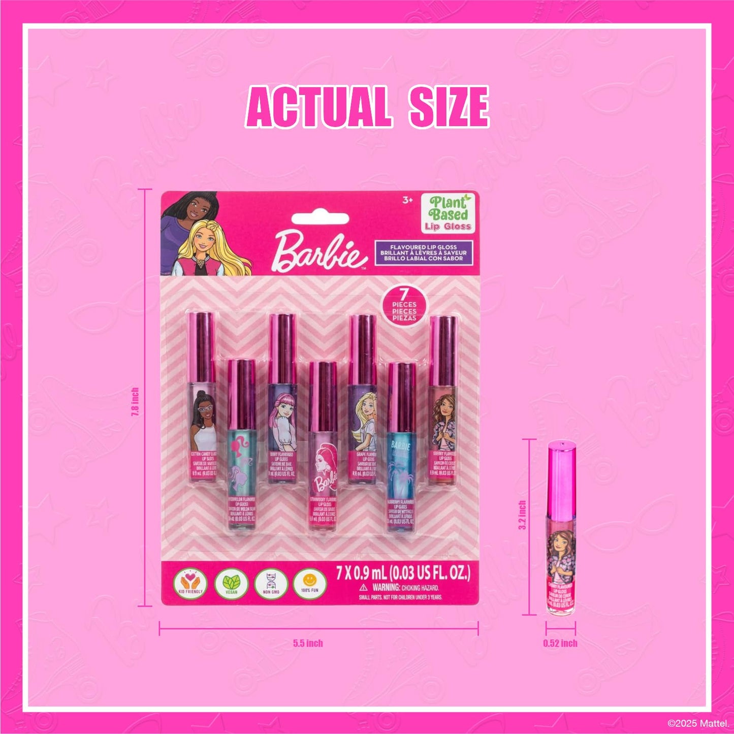 Barbie 7 Piece Plant Based Lip Gloss, Girls Party Favors, First Makeup Set for Girl, Perfect for Parties, Sleepovers, and Birthday Gifts, Ages 3+, by Beauty & Personal Care Townley Girl