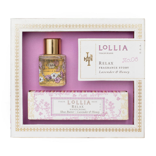 Lollia Relax Fragrance Story Gift Set - .16 fl. oz. Eau de Parfum & .33 oz. Petite Treat Handcreme - Lavender & Honey - Shea Butter Hand Cream Beauty & Personal Care LOLLIA