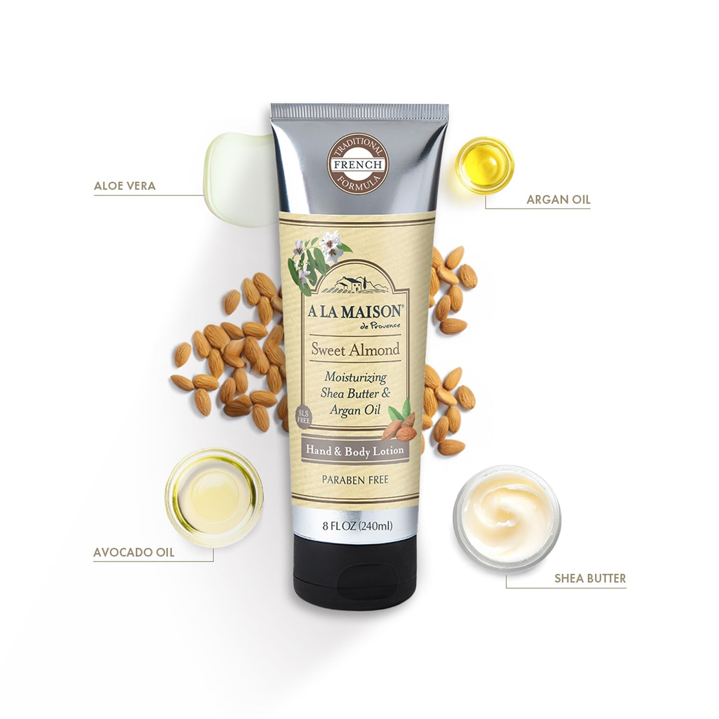 A LA MAISON Moisturizing Lotion, Sweet Almond - Nourishing French Formula for Dry Skin - Argan Oil, Pure Shea Butter, Essential Oils, Plant Based Beauty & Personal Care A LA MAISON