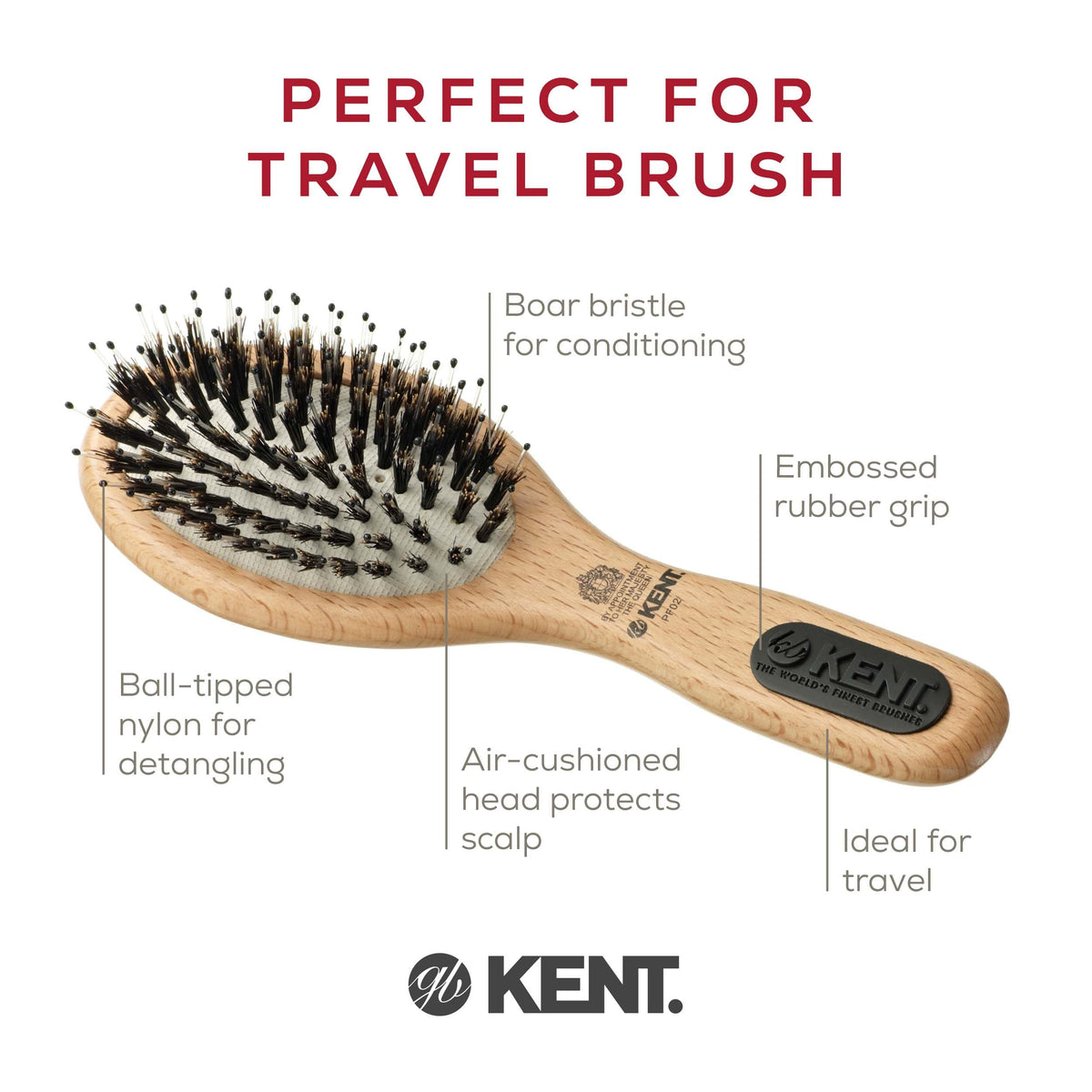 Kent PF02 Small Cushion Detangler Brush - Boar Bristle & Nylon Mix for Smoothing and Straightening Oval Wood Paddle for Medium to Long Hair