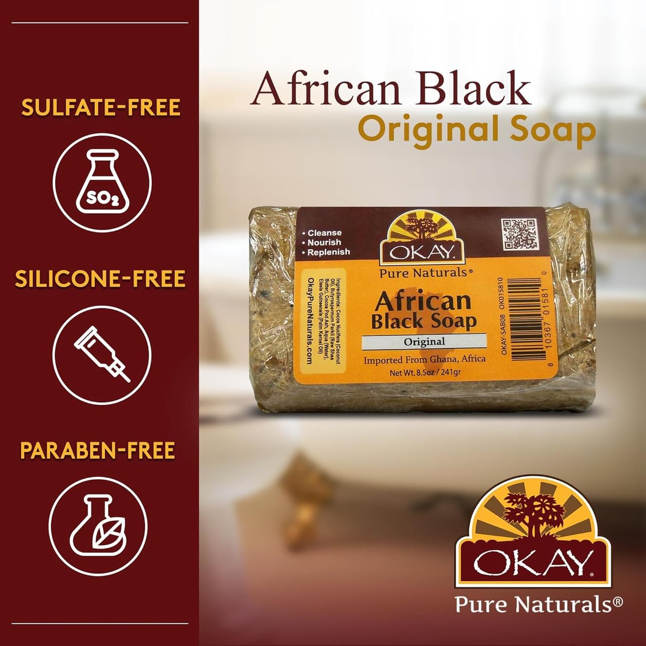 OKAY Pure Naturals African Black Soap - Natural Black Soap Bar with Raw Shea Butter and Cocoa, Cleansing for Hair, Face & Skin for Women & Men - 8.5 Beauty & Personal Care OKAY