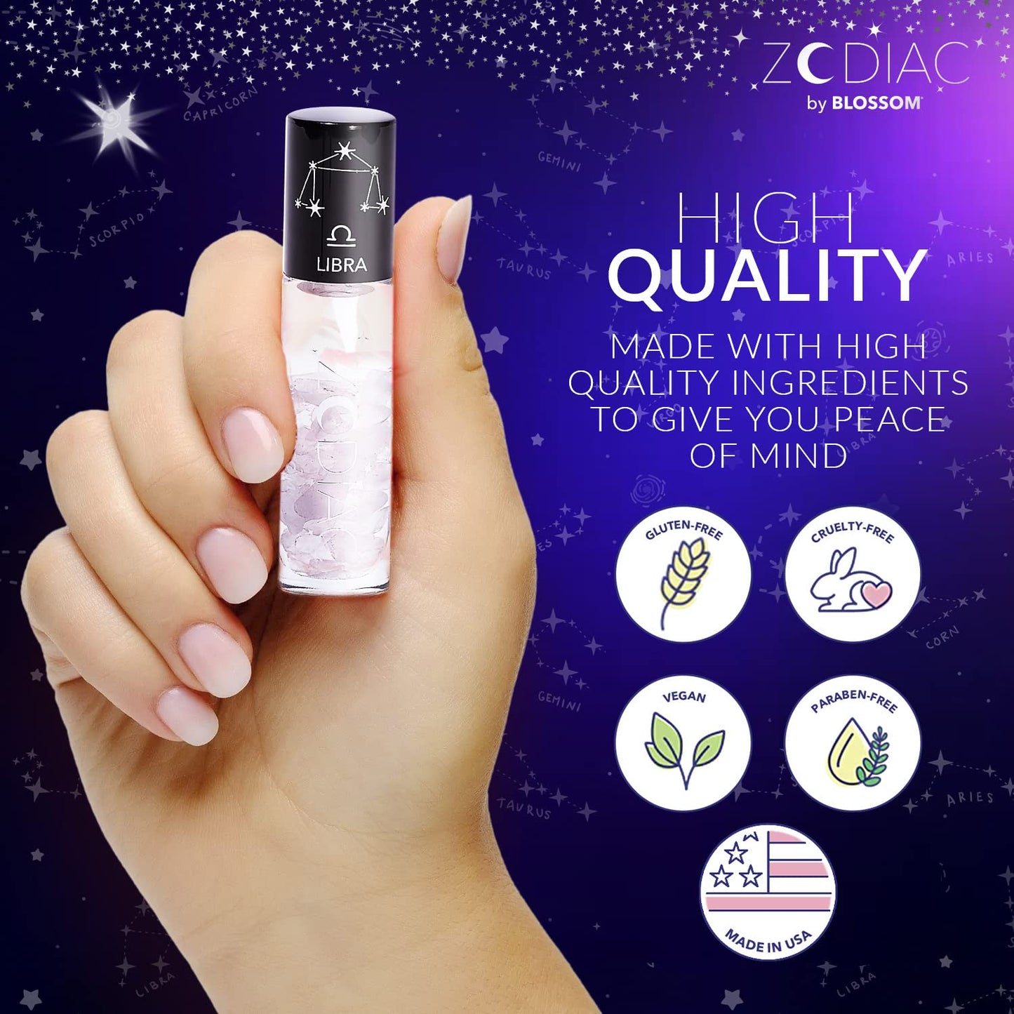 Blossom Lip Gloss Zodiac Sign Vanilla Scented Roll-On Lip Gloss, Moisturizing + Hydrating with Zodiac Crystals, Made in USA, 0.20oz, Libra Beauty & Personal Care Blossom
