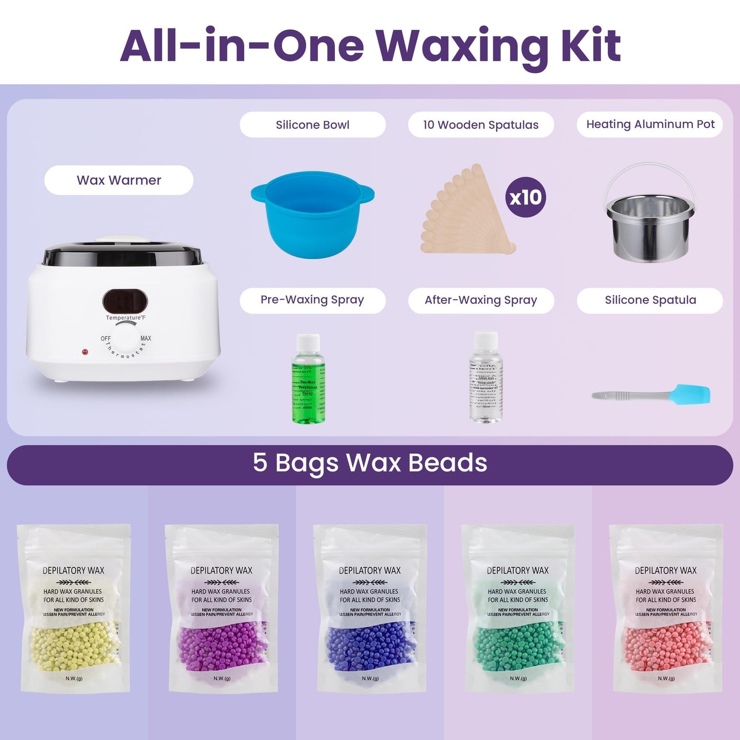 Sunvivi Waxing Kit, Brazilian Wax Warmer for Hair Removal with 5 Bag Hard Wax Beads, Digital Display Melt Warmer Kit for Women Men Full Body, Legs Beauty and Personal Care SUNVIVI
