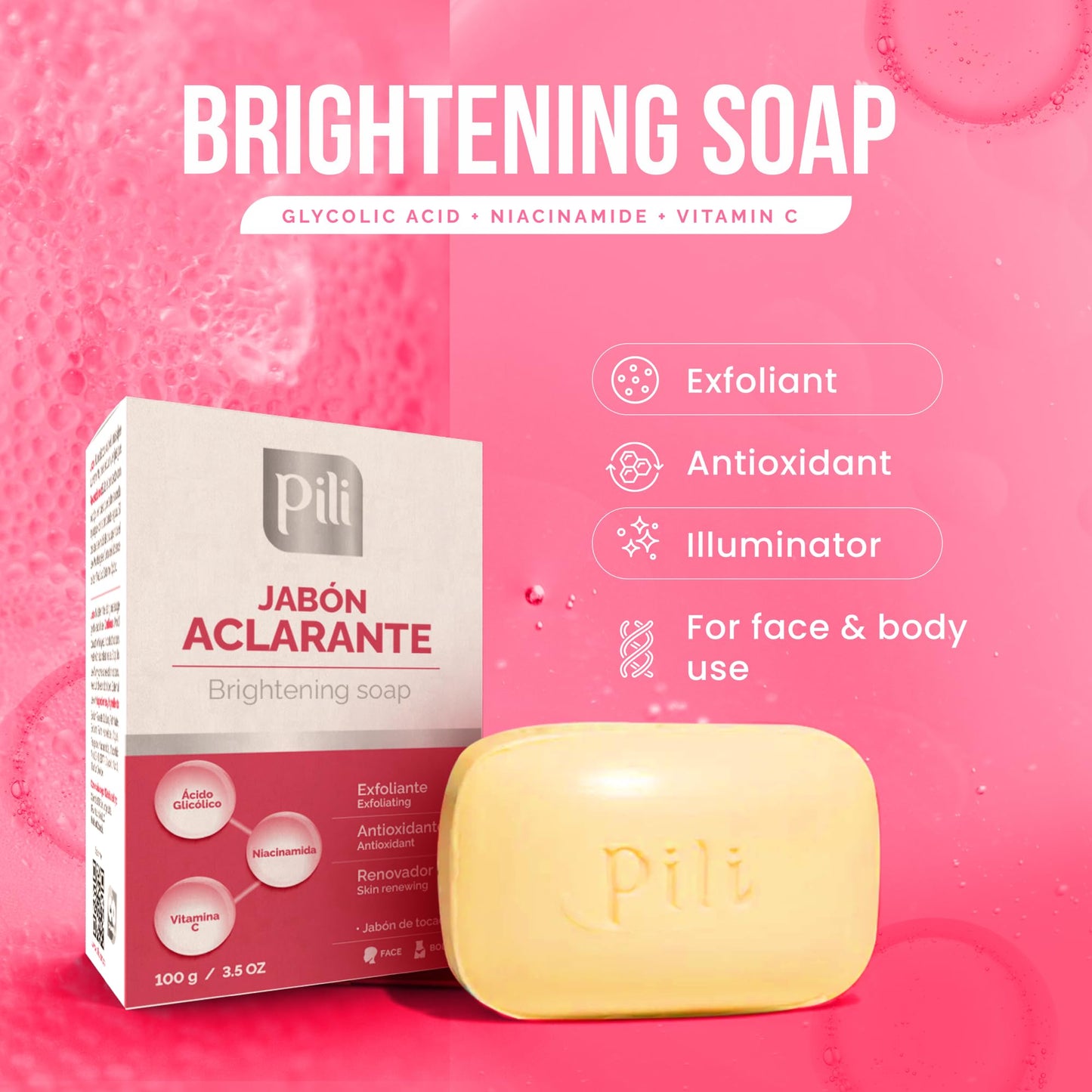 Pili Brightening Soap Bar 2 Pack - Face & Body Exfoliating Soap with Glycolic Acid, Vitamin C & Niacinamide - Skin Brightening for Even Tone & Glowing Beauty & Personal Care Pili Natural