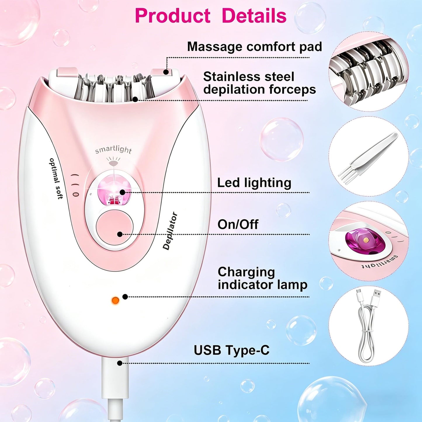 Epilator,Smooth Glide Epilator for Women,Rechargeable 2 Speed Facial Hair Removal Device with LED Light & 36 Tweezers,Portable Electric Trimmer Device Beauty and Personal Care Joyun