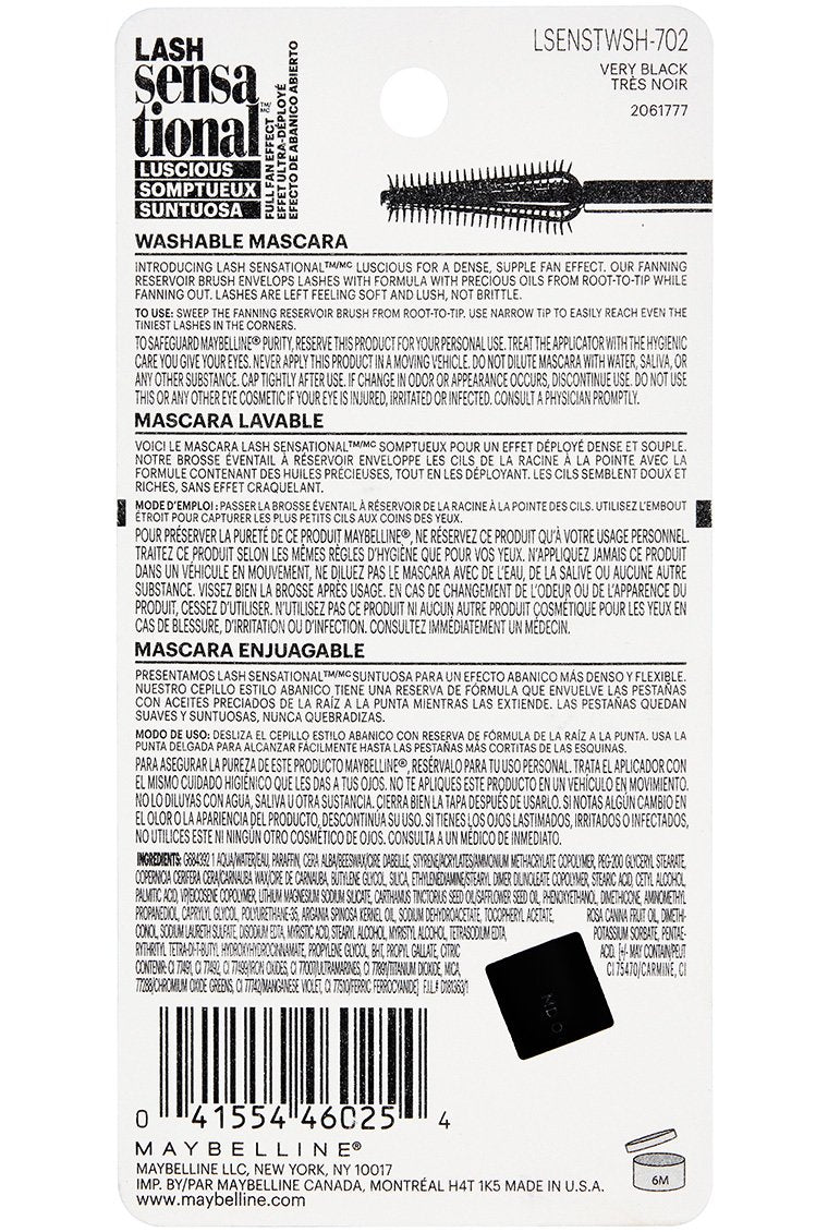 Maybelline Lash Sensational Luscious Washable Mascara, Very Black, 0.32 fl. oz., Washable Very Black, 1 Count