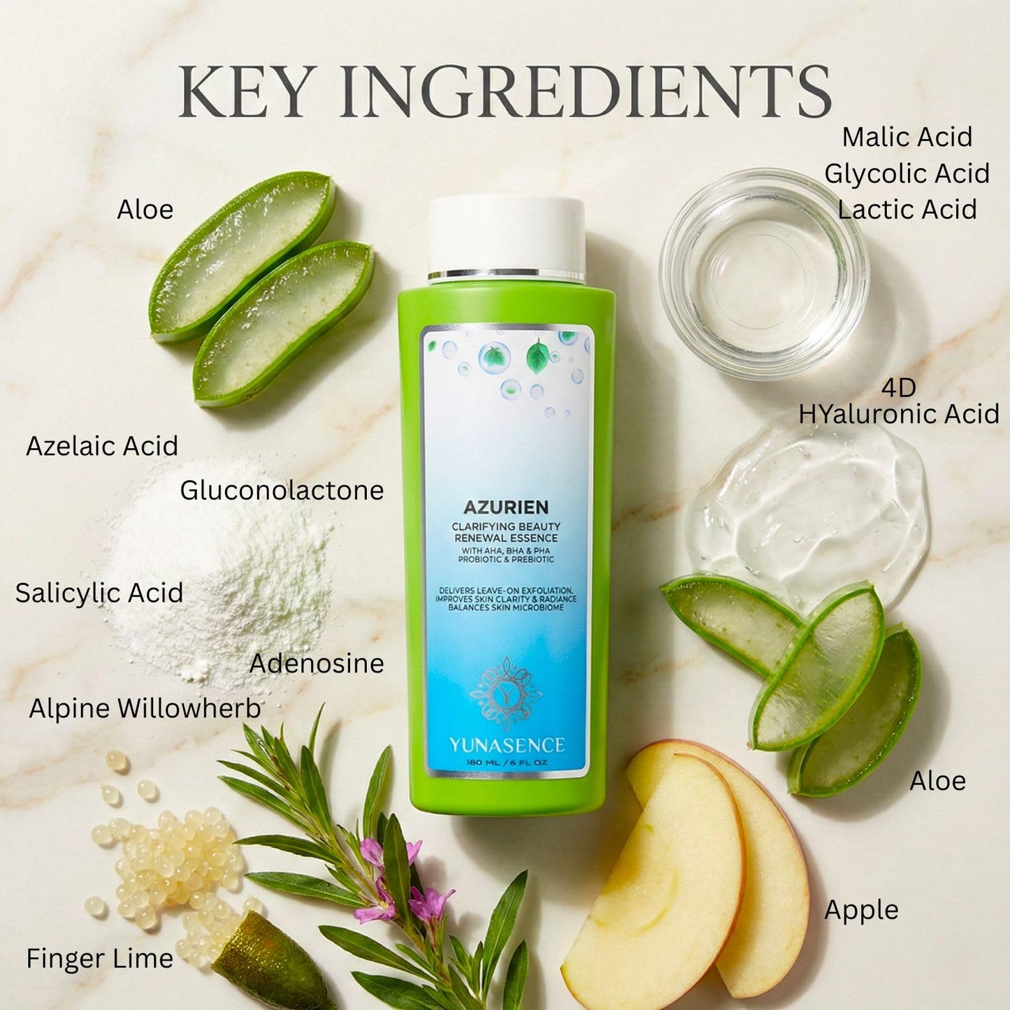 YUNASENCE AZURIEN Clarifying Beauty Renewal Essence, 6oz. with Blend of 7 Types of AHA+BHA+PHA to Gently and Naturally exfoliate and Renew. Beauty & Personal Care Sweetsation Therapy