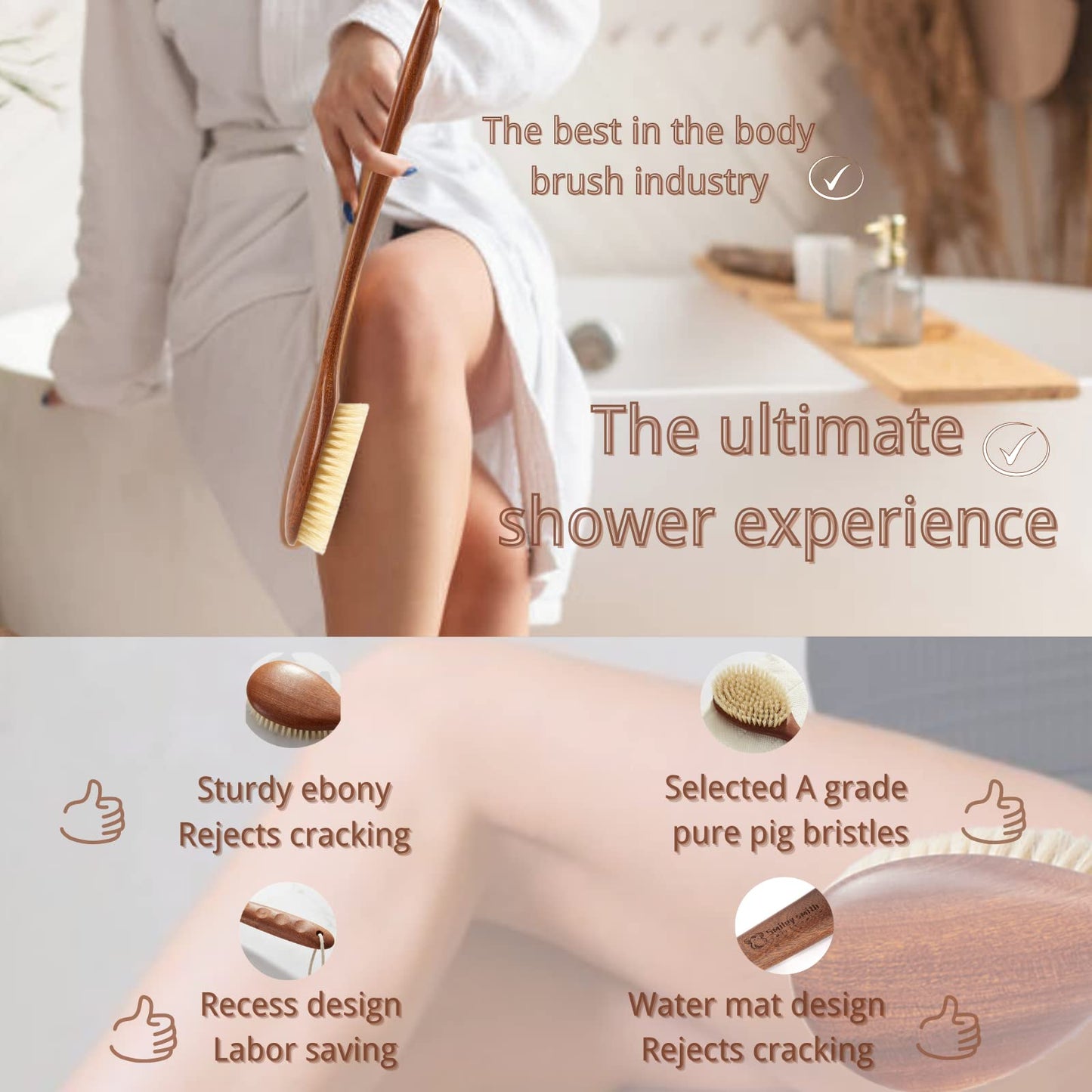 Focused on the Bathing Experience with Dry Brushing Body Brush, Long Wooden Handle with Back Scrubber,Shower Brush for exfoliator Skin and Remove Dead Beauty and Personal Care Smiley smith